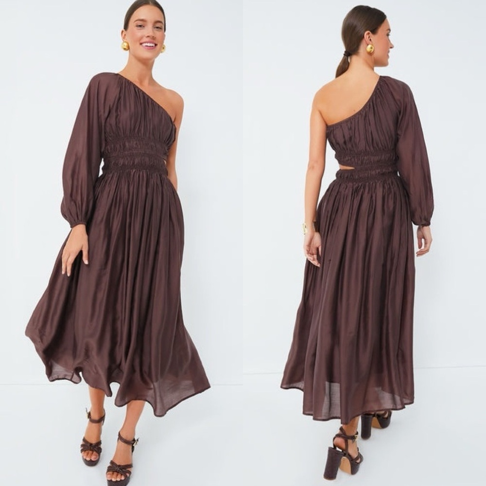 Moon River One-Shoulder Brown Midi Dress